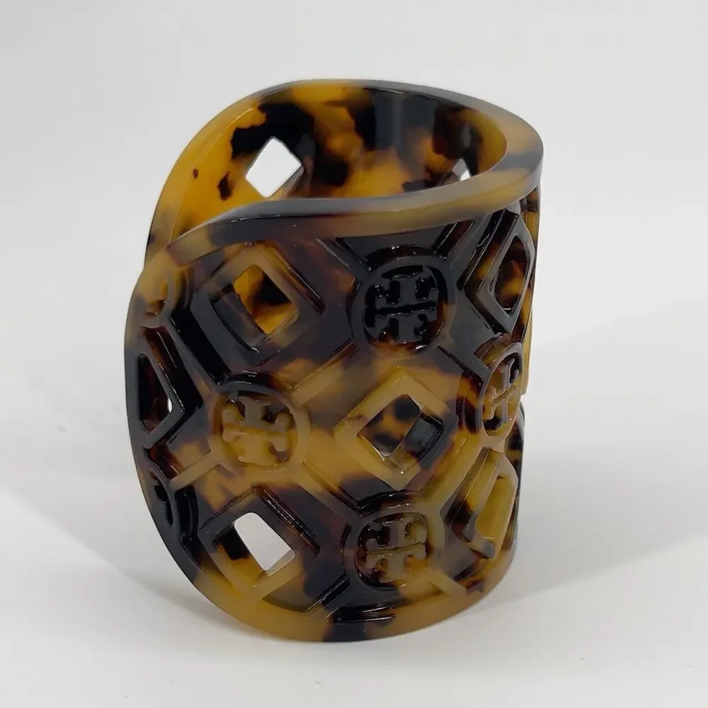 Tory Burch Logo Tortoise Resin Wide Cuff Bracelet Brown Amber Cutout Statement